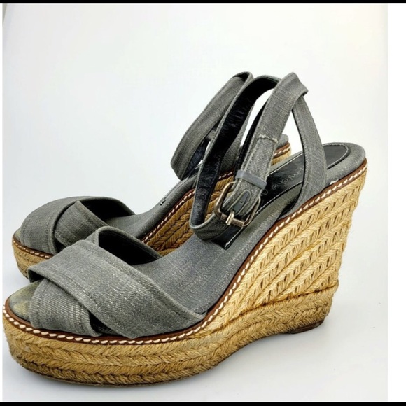 $455 JEAN-MICHEL CAZABAT Paris Ash Gray Espadrilles Wedge 7 Denim Wrap Strappy - Picture 1 of 1